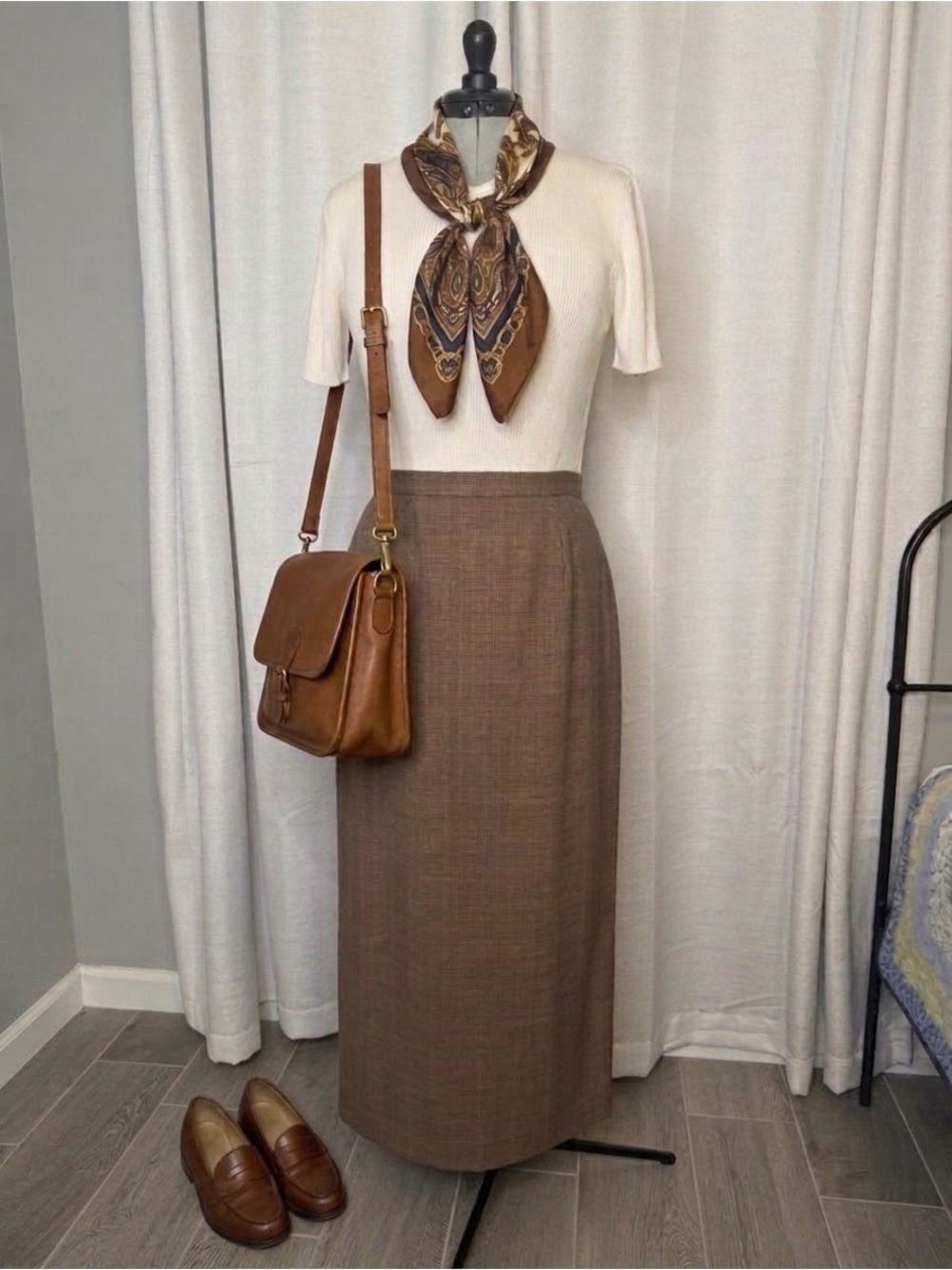 Vintage Rafaela Brown Glen Check Plaid Straight Pencil Maxi Skirt 90s Officewear